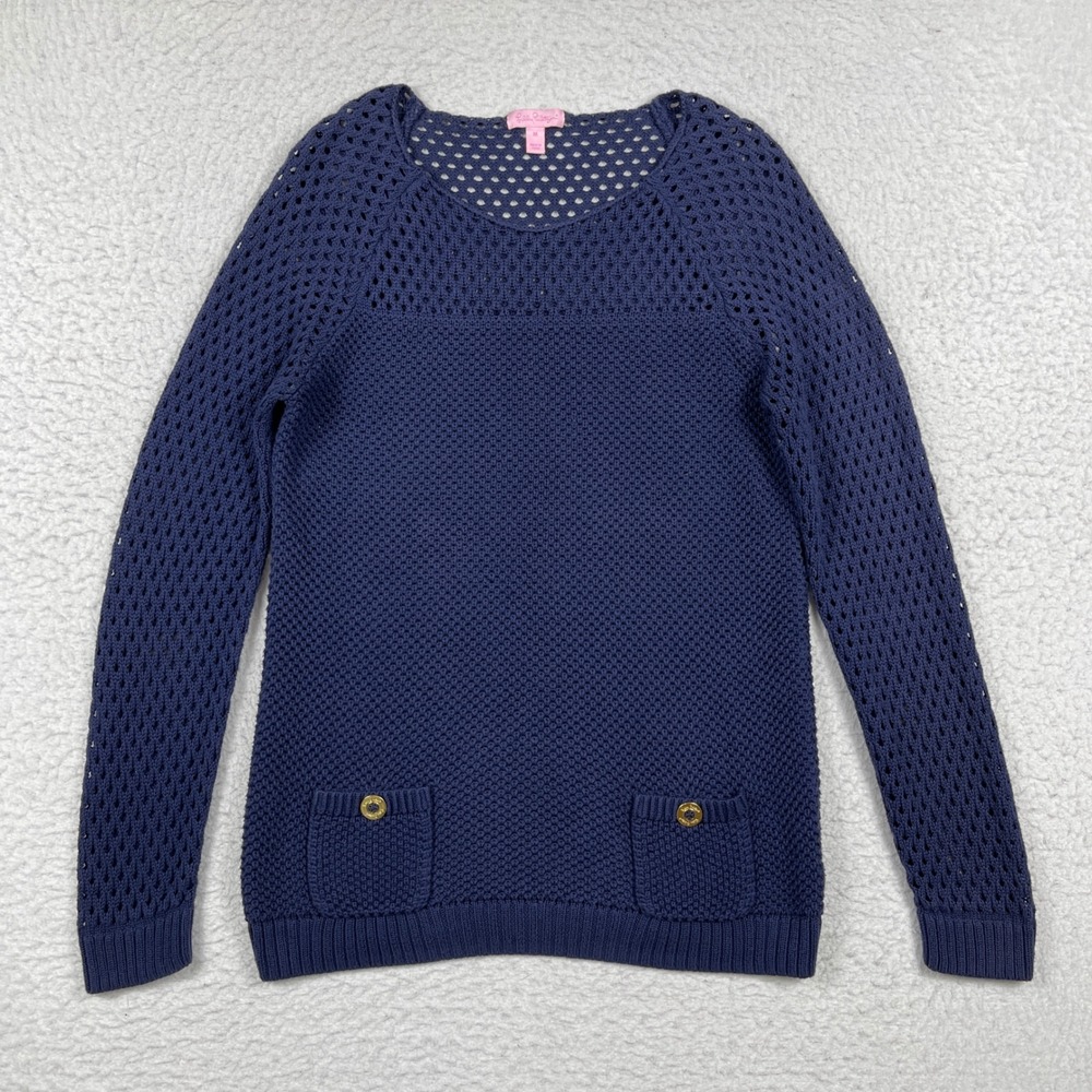 Lilly Pulitzer Sweater Womens Medium Blue Supima Cotton‎ Pointelle Gold Button
